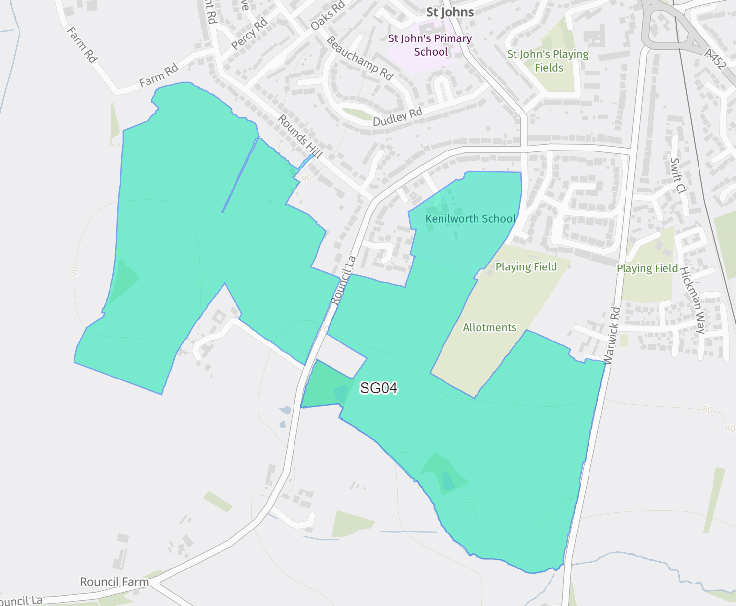 Map showing proposed housing site SG04 to the south of Kenilworth, either side of Rouncil Lane