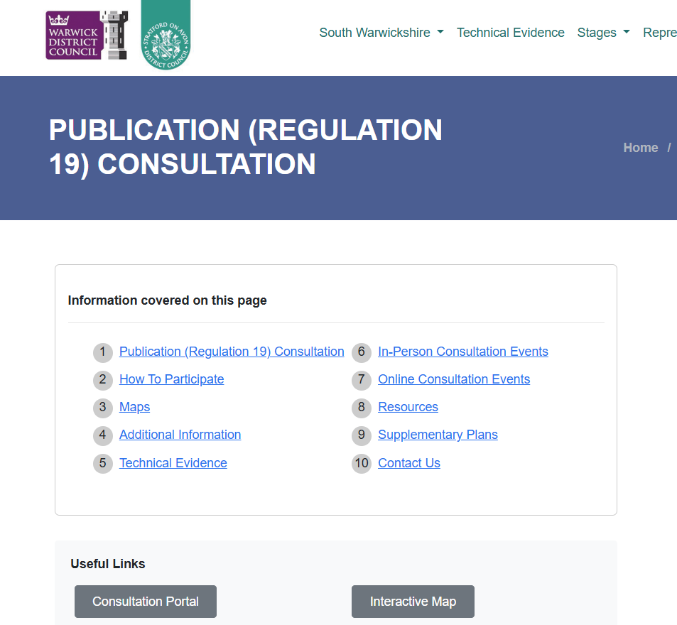 Screenshot of the Publication (Regulation 19) Consultation page on southwarwickshire.org.uk