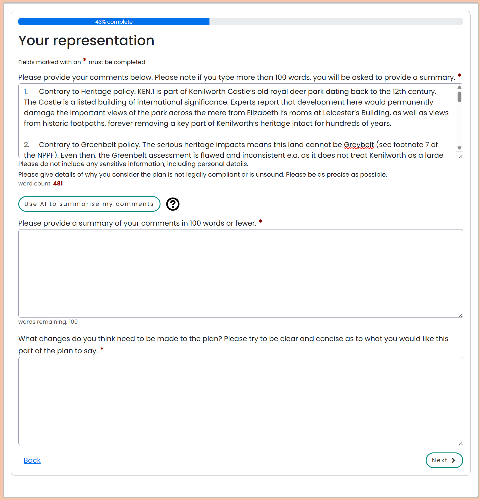 Screenshot of the portal representation form showing the main comments box and the 100-word summary box